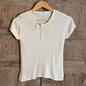 Womens Cream Scoop Neck Sweater Short Sleeve Top Size S/M Ribbed Cottagecore